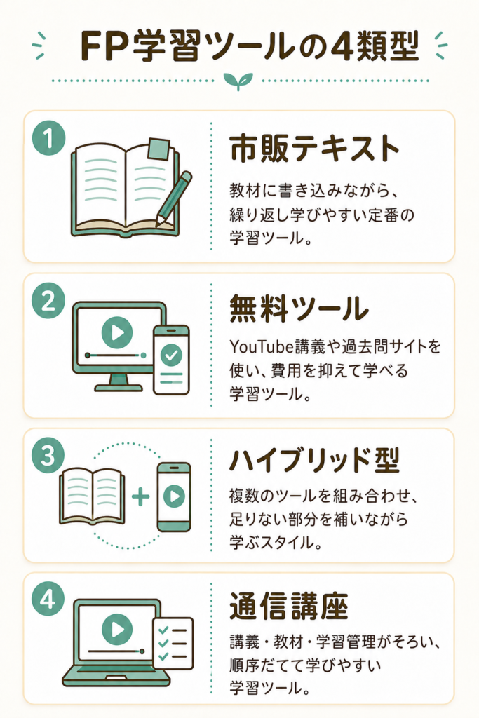FPの学習ツールを、市販テキスト・通信講座・無料の学習ツール・ハイブリッド型の4つに分類した図